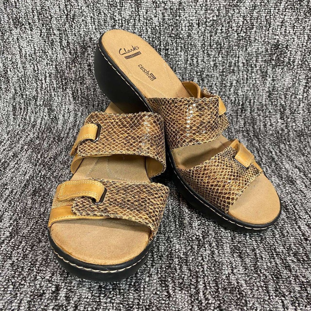 Clarks Delana Fenela Wedge Slide Sandals Womens 11 W Tan Snakeskin‎ Leather Boho